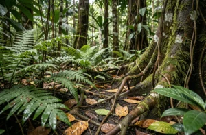 Sous-bois tropical dense en Guadeloupe, habitat naturel sans serpents, fougères et racines emmêlées sur sol sombre