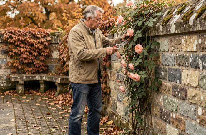 Homme taillant un rosier grimpant sur un mur en pierre dans un jardin en automne