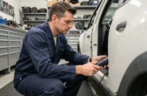 Technicien automobile connectant un scanner OBD sur une Dacia Duster dans un garage professionnel pour diagnostiquer le code défaut DTC038061