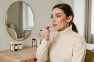 Jeune femme appliquant un baume à lèvres teinté devant un miroir en laiton dans une chambre de style scandinave, tendances beauté naturelle