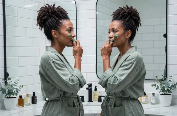 Femme aux cheveux naturels utilisant un rouleau en jade devant un miroir de salle de bain en marbre, routine beauté bien-être tendance