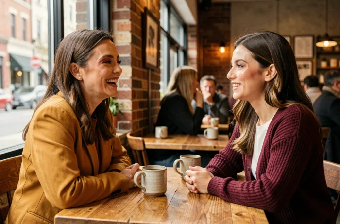 Deux femmes au café arborant des maquillages tendance automne, l'une avec un fard terracotta et l'autre en maquillage naturel glossy