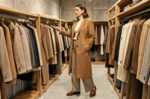 Femme tendance 2024 portant un manteau camel et un col roulé crème dans une boutique de mode parisienne