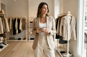 Femme élégante en blazer beige dans une boutique de mode parisienne minimaliste