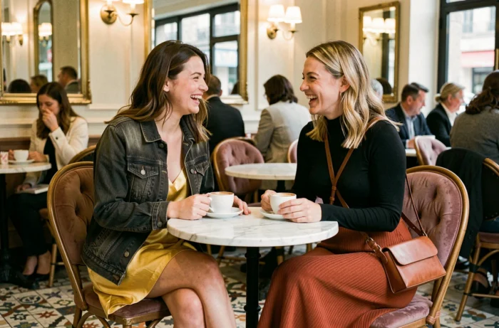 Deux femmes stylées aux tenues tendance assises dans un café parisien, riant autour d'un expresso