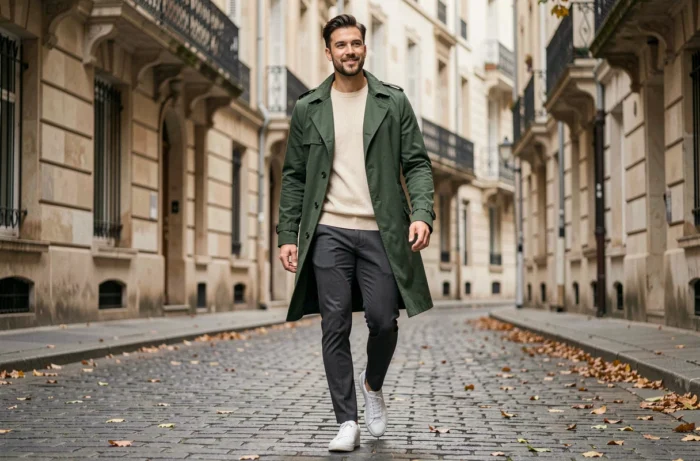 Homme tendance en trench-coat vert et pull crème marchant sur des pavés dans un quartier européen en automne