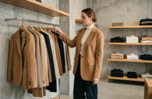 Femme élégante en blazer camel et pantalon large dans une boutique de mode minimaliste parisienne