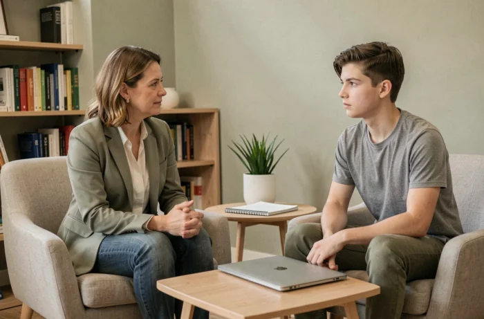 Thérapeute accompagnant un adolescent en consultation pour addiction aux écrans dans un cabinet moderne