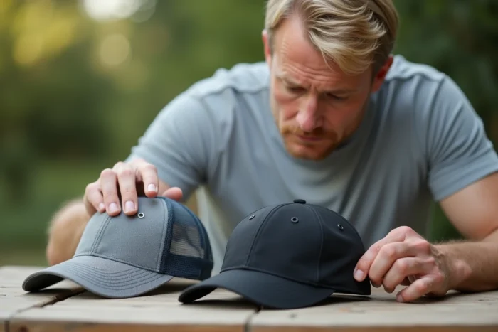 Comparaison entre une casquette à séchage rapide et un chapeau en coton épais posés sur une table en bois