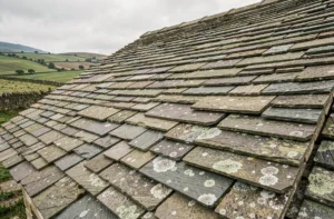 Ferme traditionnelle en pierre avec toit en lauzes dans la campagne montagnarde française, vue en contre-plongée révélant la texture rustique et ancienne des pierres plates recouvertes de lichen