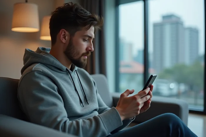 Homme utilisant un chatbot sur smartphone pour gérer son inscription automatique au permis de conduire