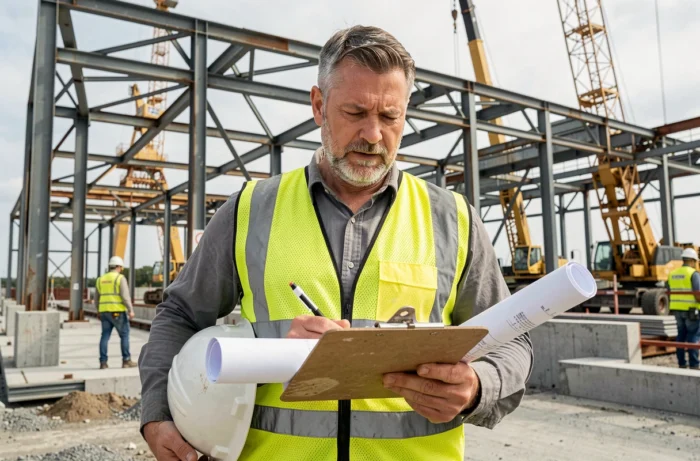 Ancien militaire reconverti en chef de projet sur un chantier industriel, consultant des plans de construction