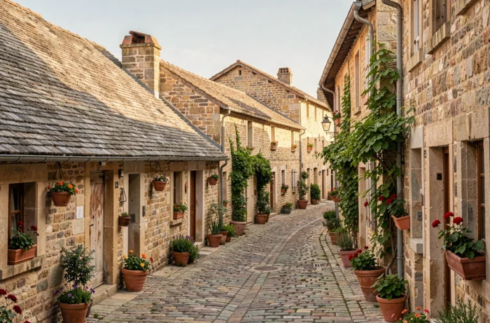 Rue médiévale pittoresque d'un village du sud de la France avec des maisons en pierre aux toits recouverts de lauzes plates, montrant les lignes fuyantes des toitures traditionnelles le long d'un chemin pavé