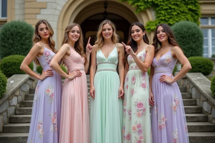 Cinq demoiselles d'honneur en robes florales pastels prenant des poses de groupe assurées sur un escalier de château